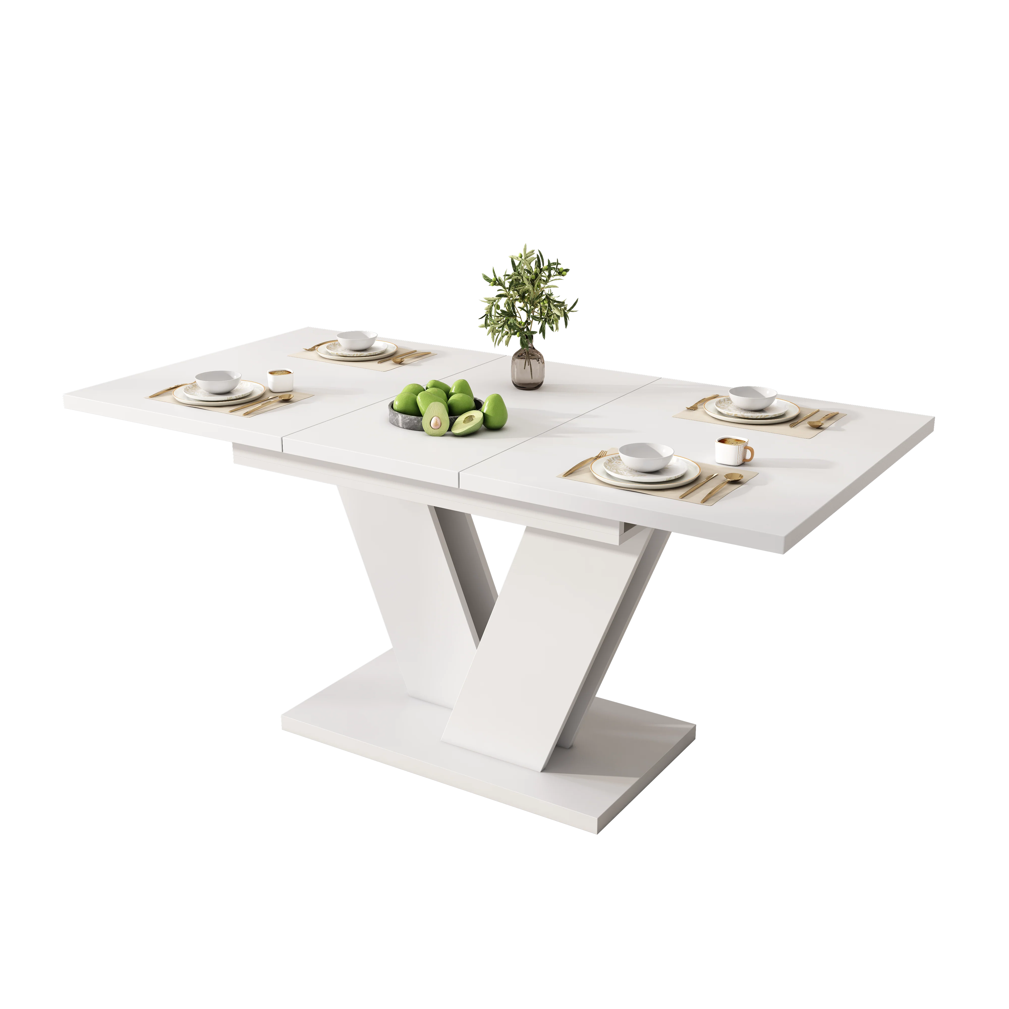 Extendable Dining Table, Rectangular V-Leg for 4-6 People, White - Image 7