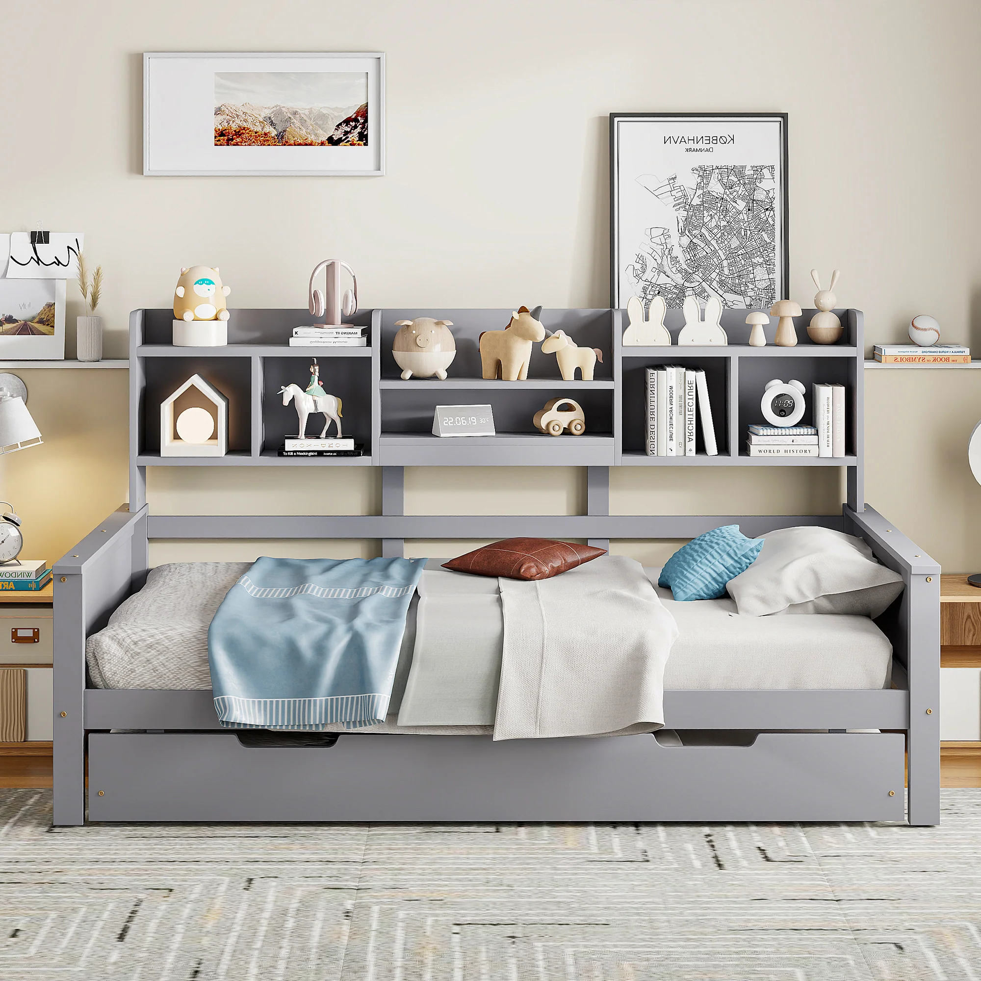 Extendable Sofa Bed 90x200cm/90x190cm Storage Pull-out Solid Pine Wood Grey - Image 3