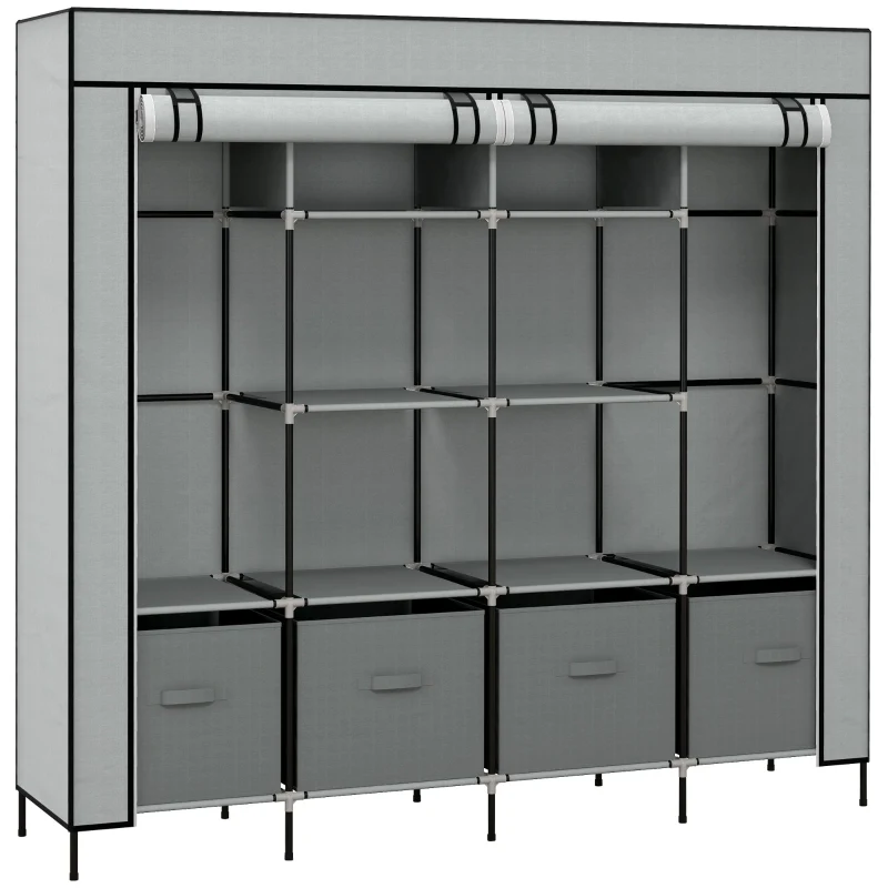 Fabric Wardrobe Portable 10 Compartments 2 Hanging Rails 4 Drawers Dark Grey