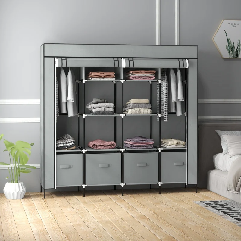 Fabric Wardrobe Portable 10 Compartments 2 Hanging Rails 4 Drawers Dark Grey - Image 2