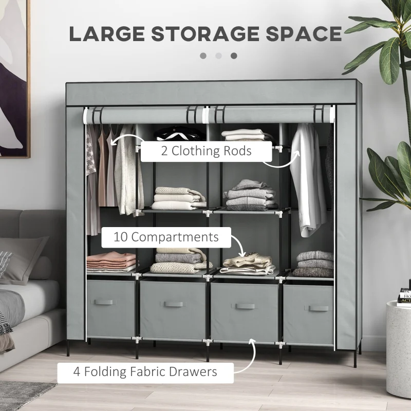 Fabric Wardrobe Portable 10 Compartments 2 Hanging Rails 4 Drawers Dark Grey - Image 4