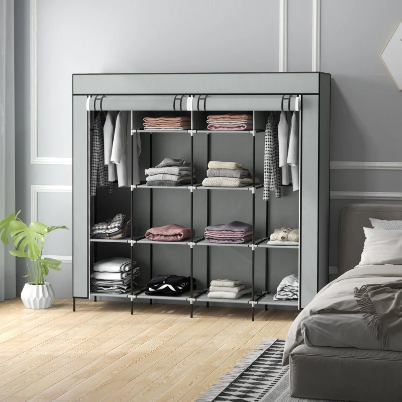 Fabric Wardrobe Portable 10 Compartments 2 Hanging Rails 4 Drawers Dark Grey - Image 6