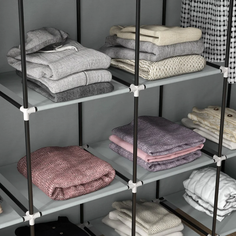 Fabric Wardrobe Portable 10 Compartments 2 Hanging Rails 4 Drawers Dark Grey - Image 8