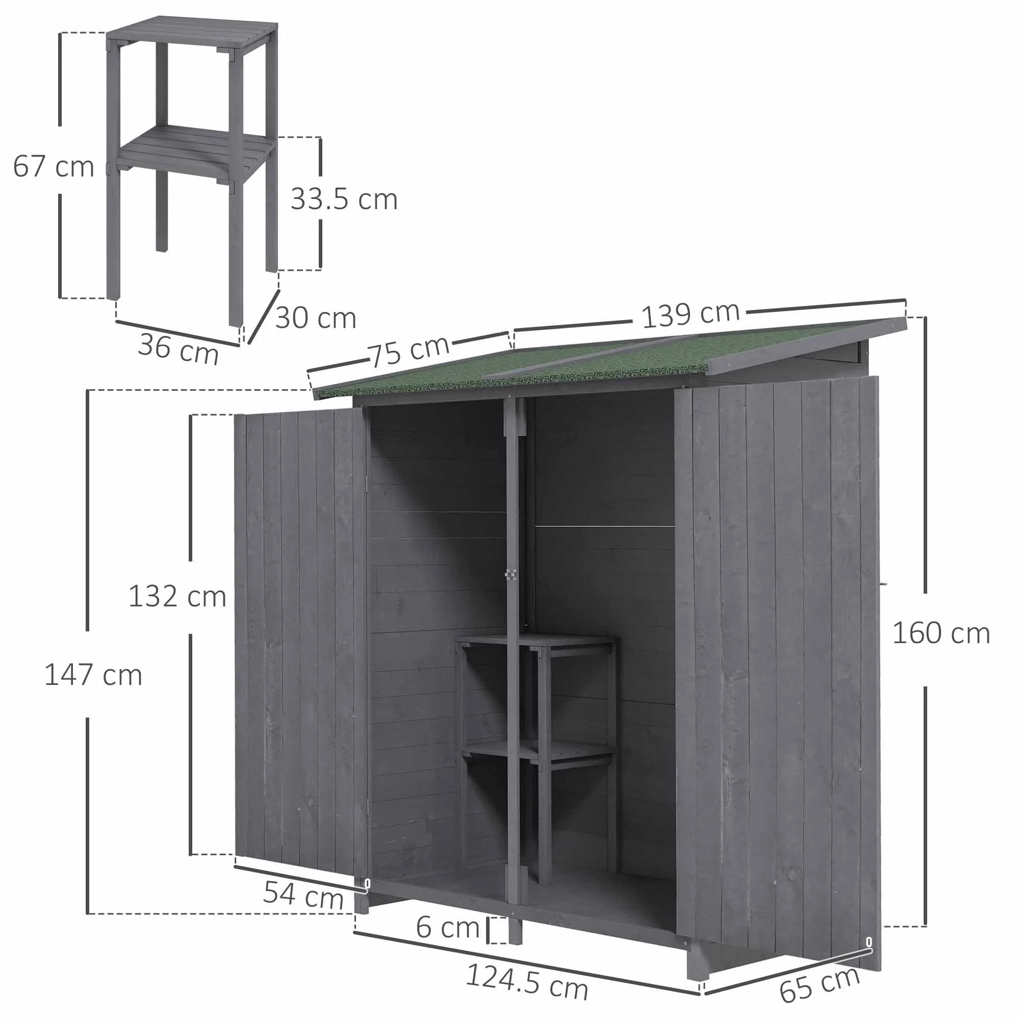 Fir Wood Garden Shed 139 x 75 with Asphalt Roof - Grey - Image 3
