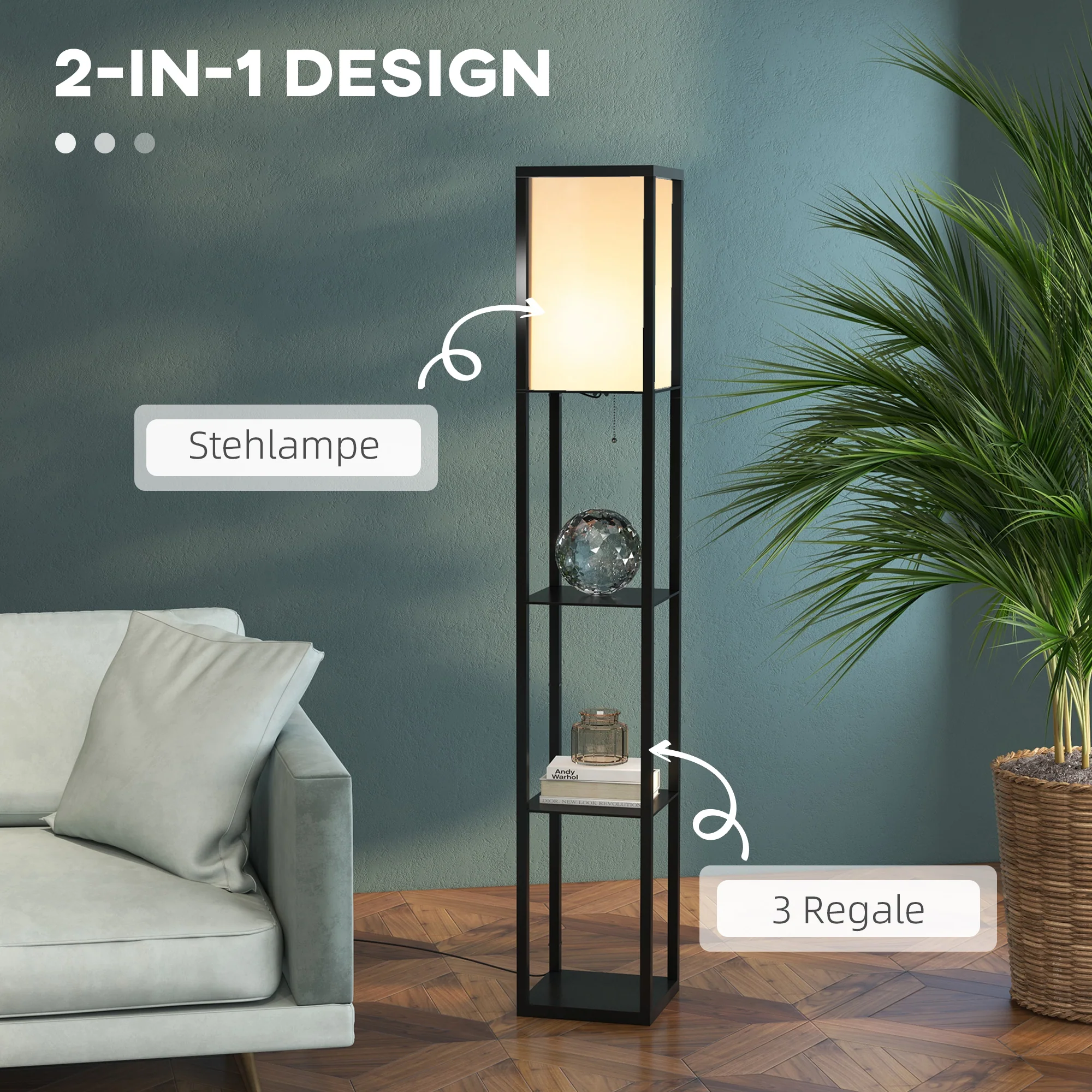 Floor Lamp with Shelves, E27 40W, Wood in Black - Image 4