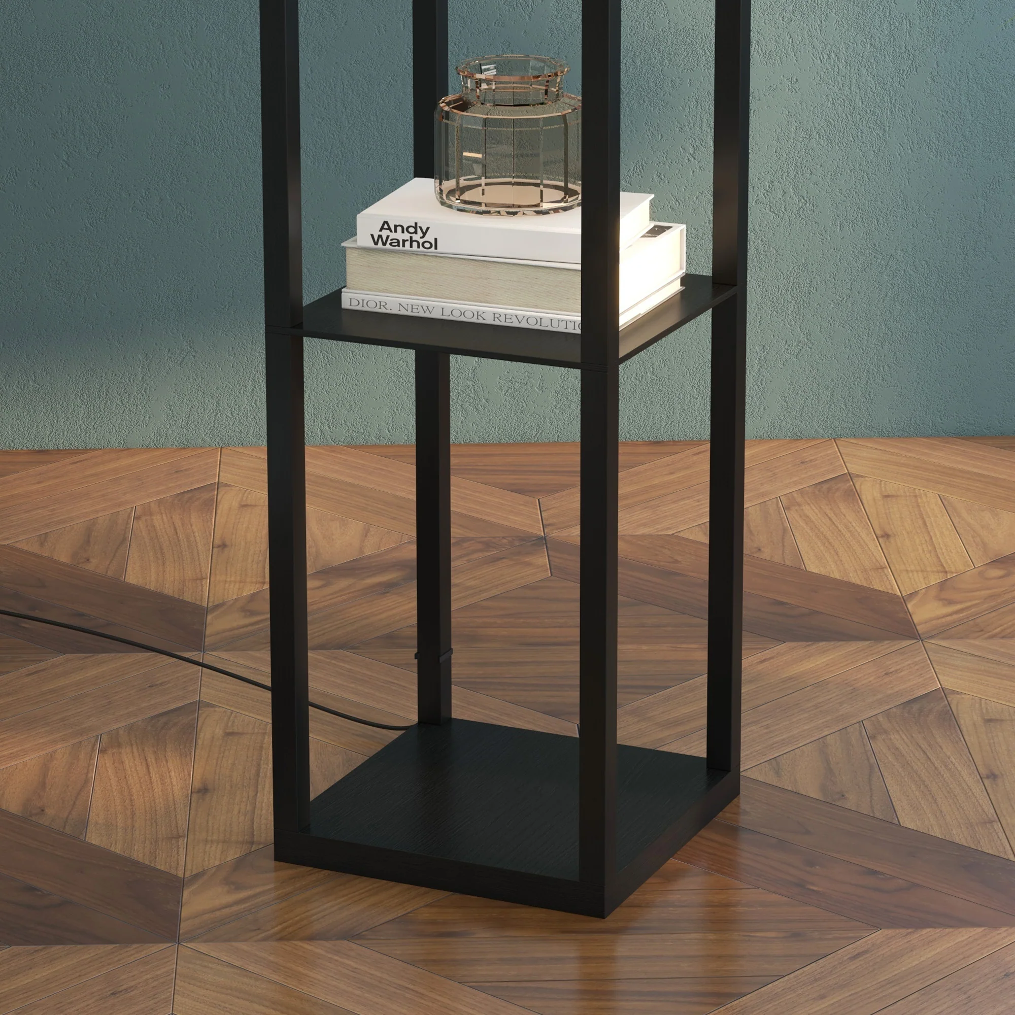 Floor Lamp with Shelves, E27 40W, Wood in Black - Image 8