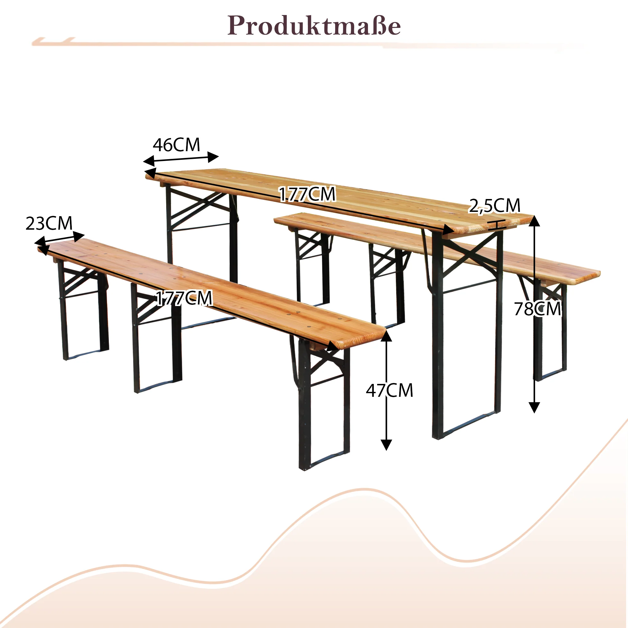 Foldable Beer Garden Set 3-Piece 175cm Space-Saving - Solid Pine - Image 3