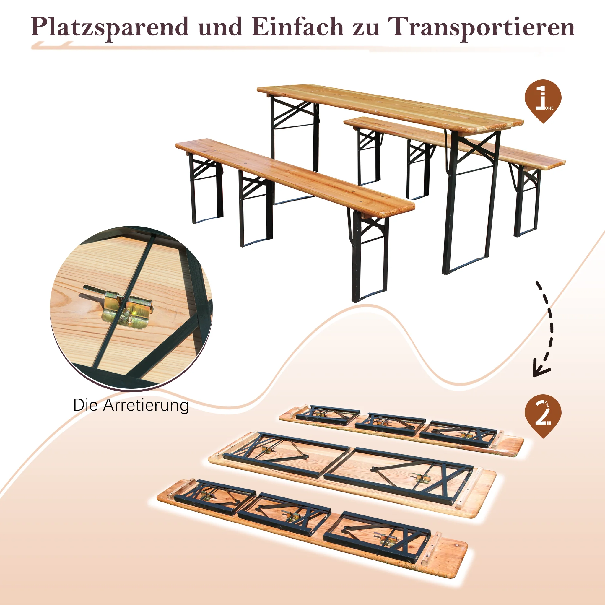 Foldable Beer Garden Set 3-Piece 175cm Space-Saving - Solid Pine - Image 4