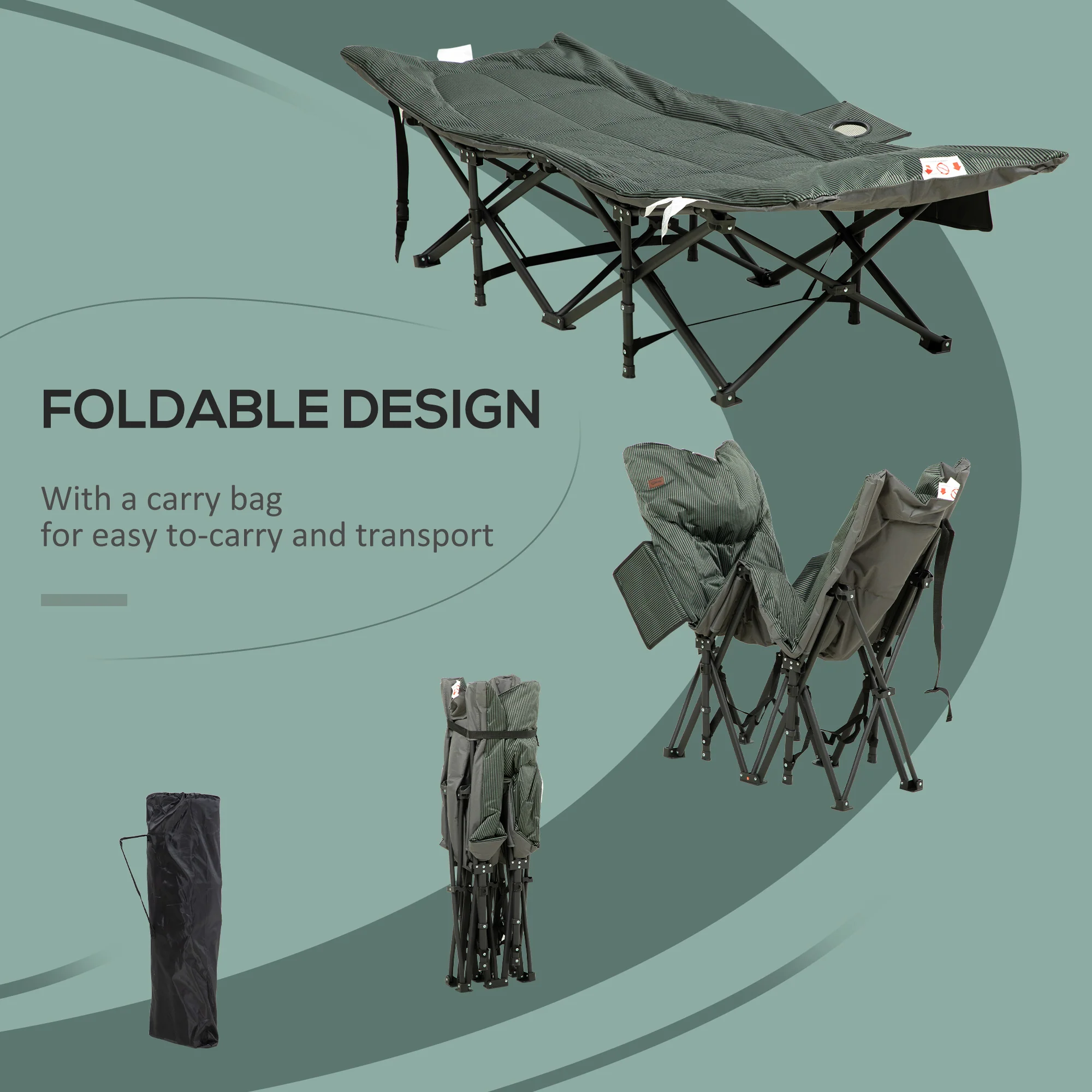 Foldable Camp Bed, Padded with Carry Bag and Cup Holder, Grey - Image 4
