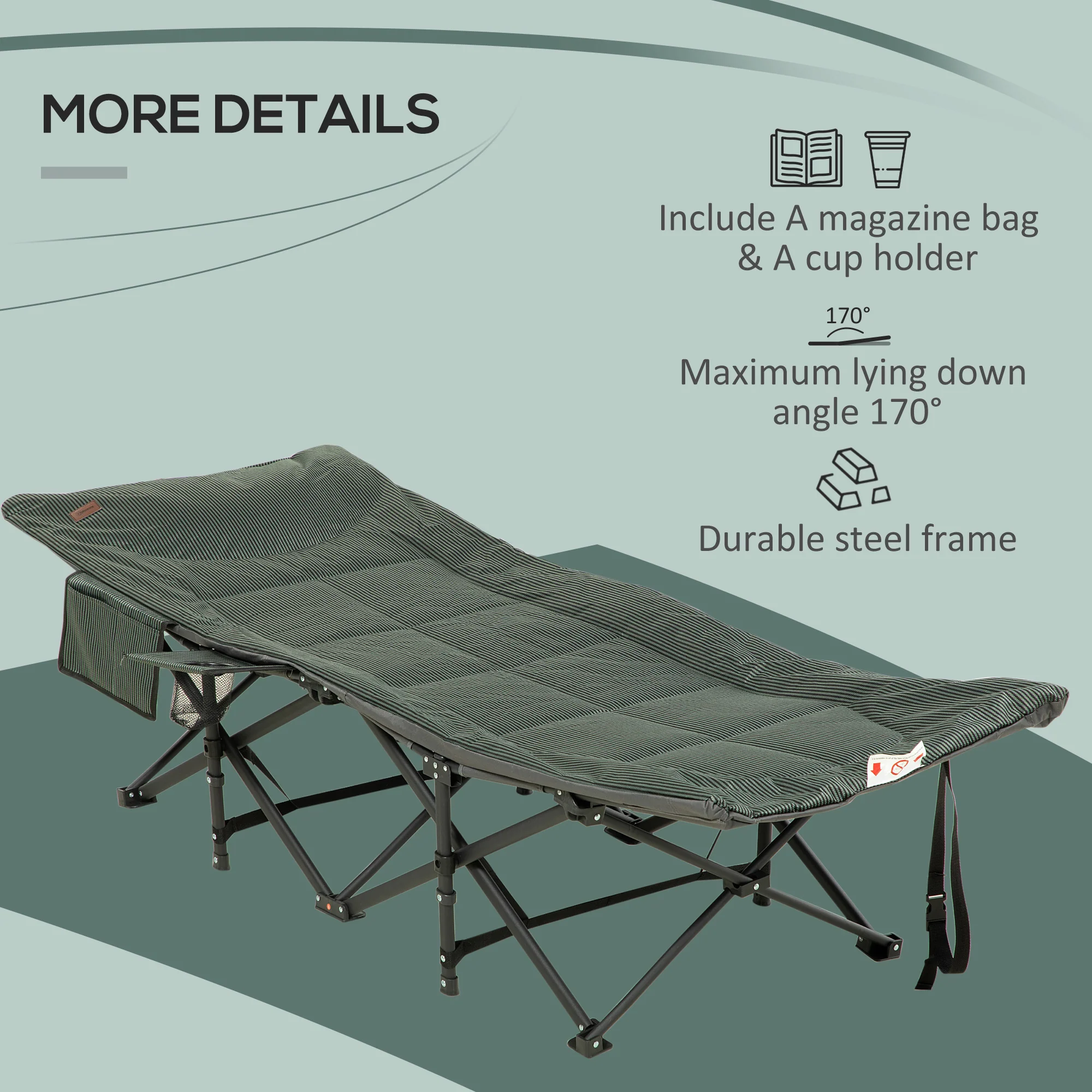 Foldable Camp Bed, Padded with Carry Bag and Cup Holder, Grey - Image 6