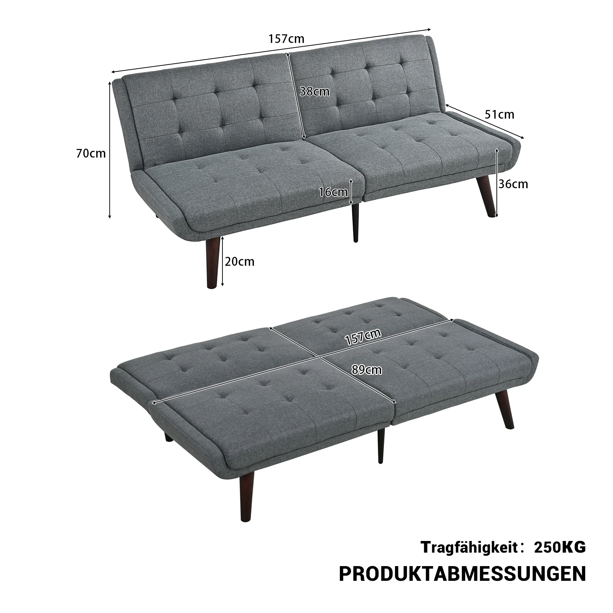 Foldable Futon Sofa Bed 146cm 5-Position Adjustable Backrest - Grey - Image 3