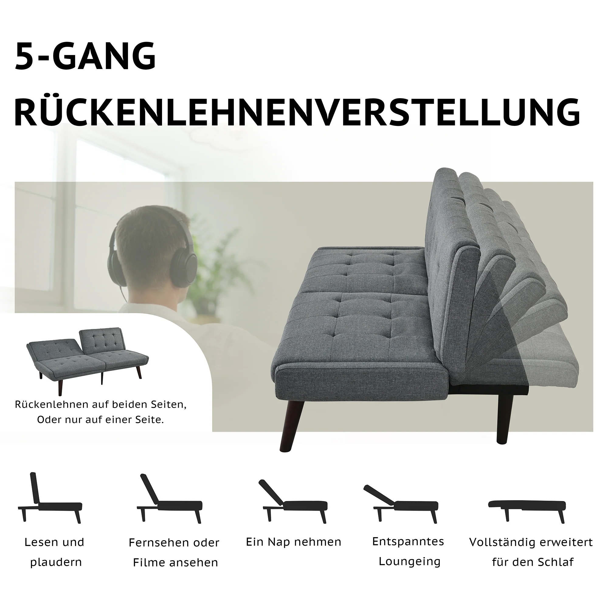 Foldable Futon Sofa Bed 146cm 5-Position Adjustable Backrest - Grey - Image 4