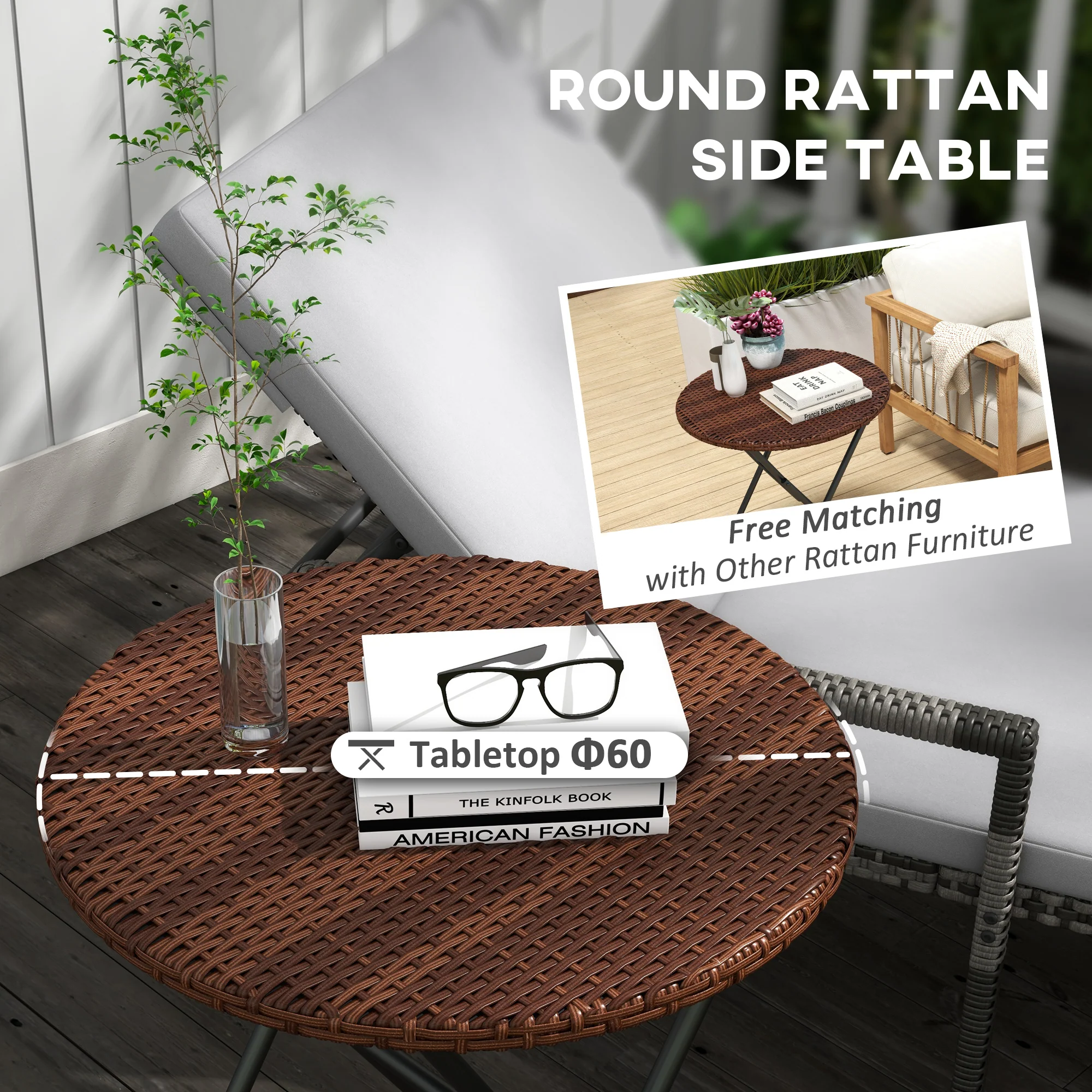 Foldable Round Coffee Table, PE Rattan Metal Frame, Mixed Brown - Image 4