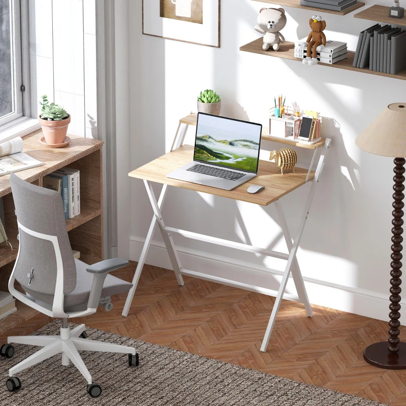 Folding Computer Desk, 81.5 cm with Monitor Shelf - Natural Wood Finish