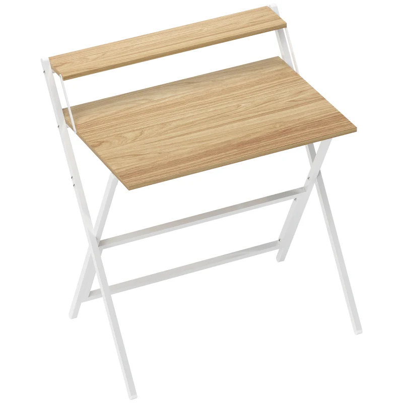 Folding Computer Desk, 81.5 cm with Monitor Shelf - Natural Wood Finish - Image 2