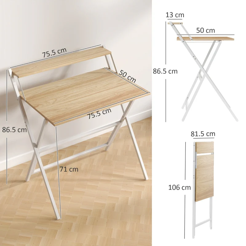 Folding Computer Desk, 81.5 cm with Monitor Shelf - Natural Wood Finish - Image 3