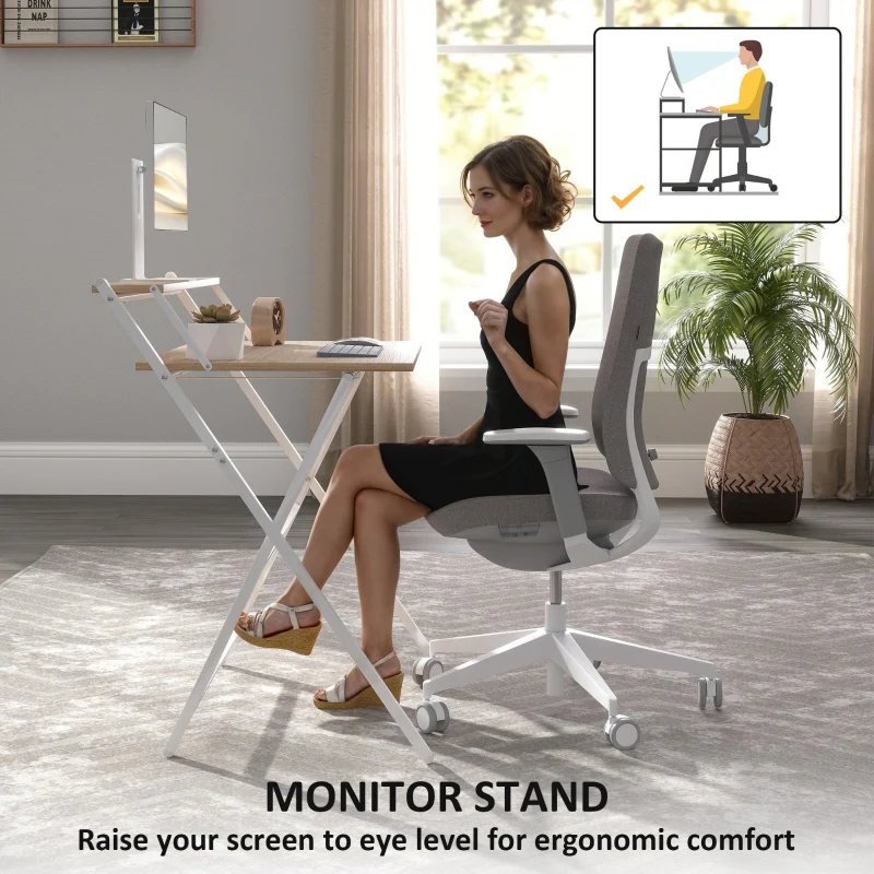 Folding Computer Desk, 81.5 cm with Monitor Shelf - Natural Wood Finish - Image 5