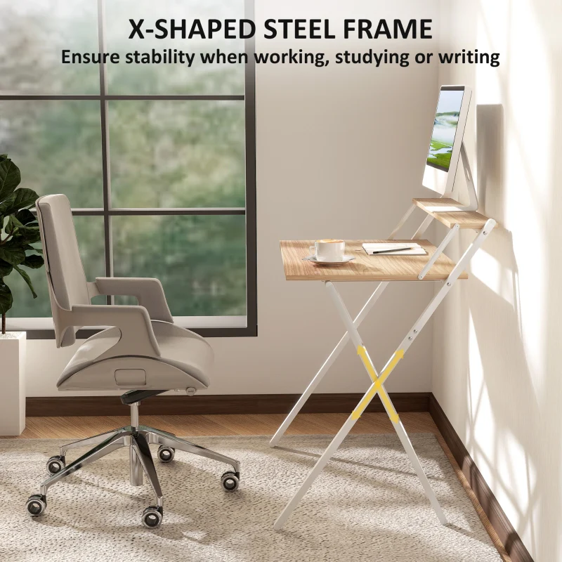Folding Computer Desk, 81.5 cm with Monitor Shelf - Natural Wood Finish - Image 6