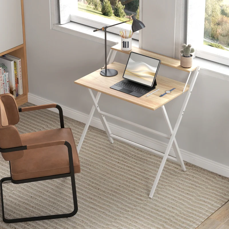 Folding Computer Desk, 81.5 cm with Monitor Shelf - Natural Wood Finish - Image 7