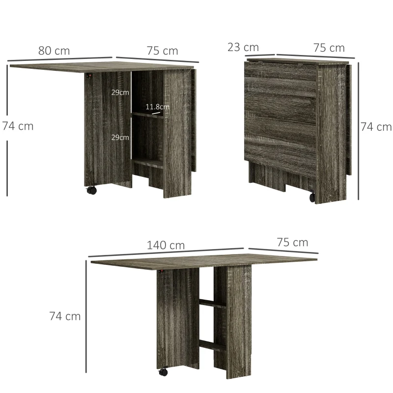 Folding Dining Table, Drop Leaf 2-Tier Shelves Rolling Casters, Grey - Image 3