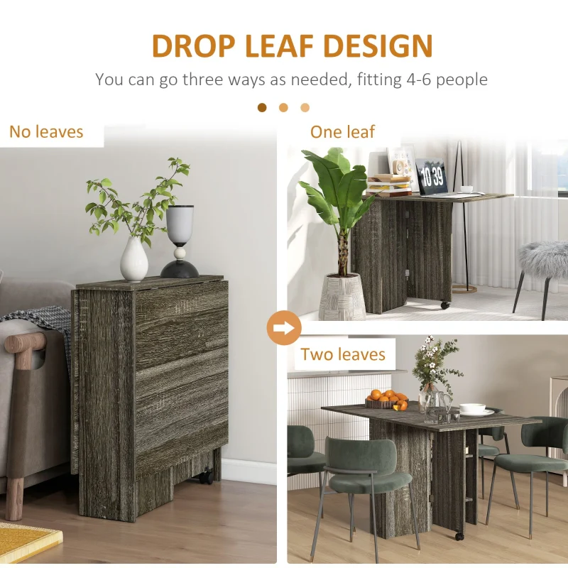 Folding Dining Table, Drop Leaf 2-Tier Shelves Rolling Casters, Grey - Image 4