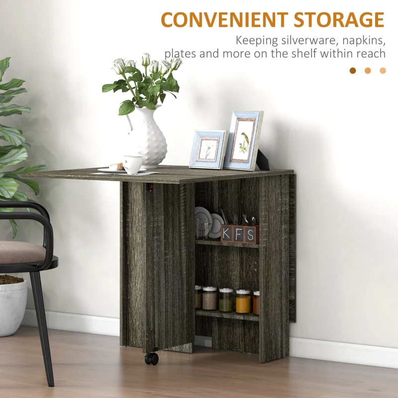 Folding Dining Table, Drop Leaf 2-Tier Shelves Rolling Casters, Grey - Image 5