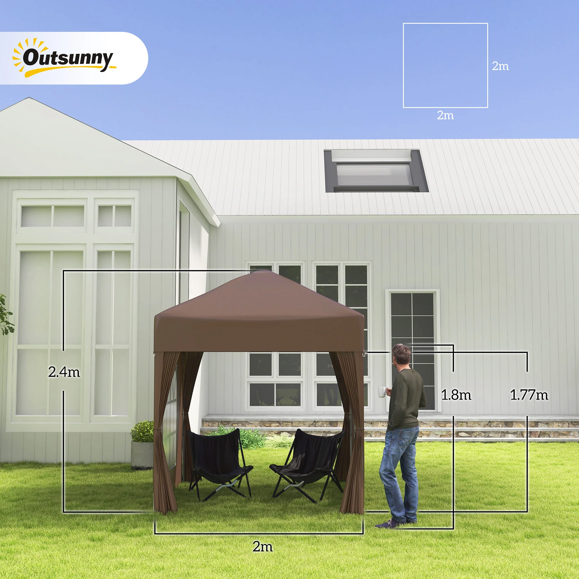 Folding Pavilion 2x2m UV Protection Side Panels Windows Oxford Fabric Brown - Image 3