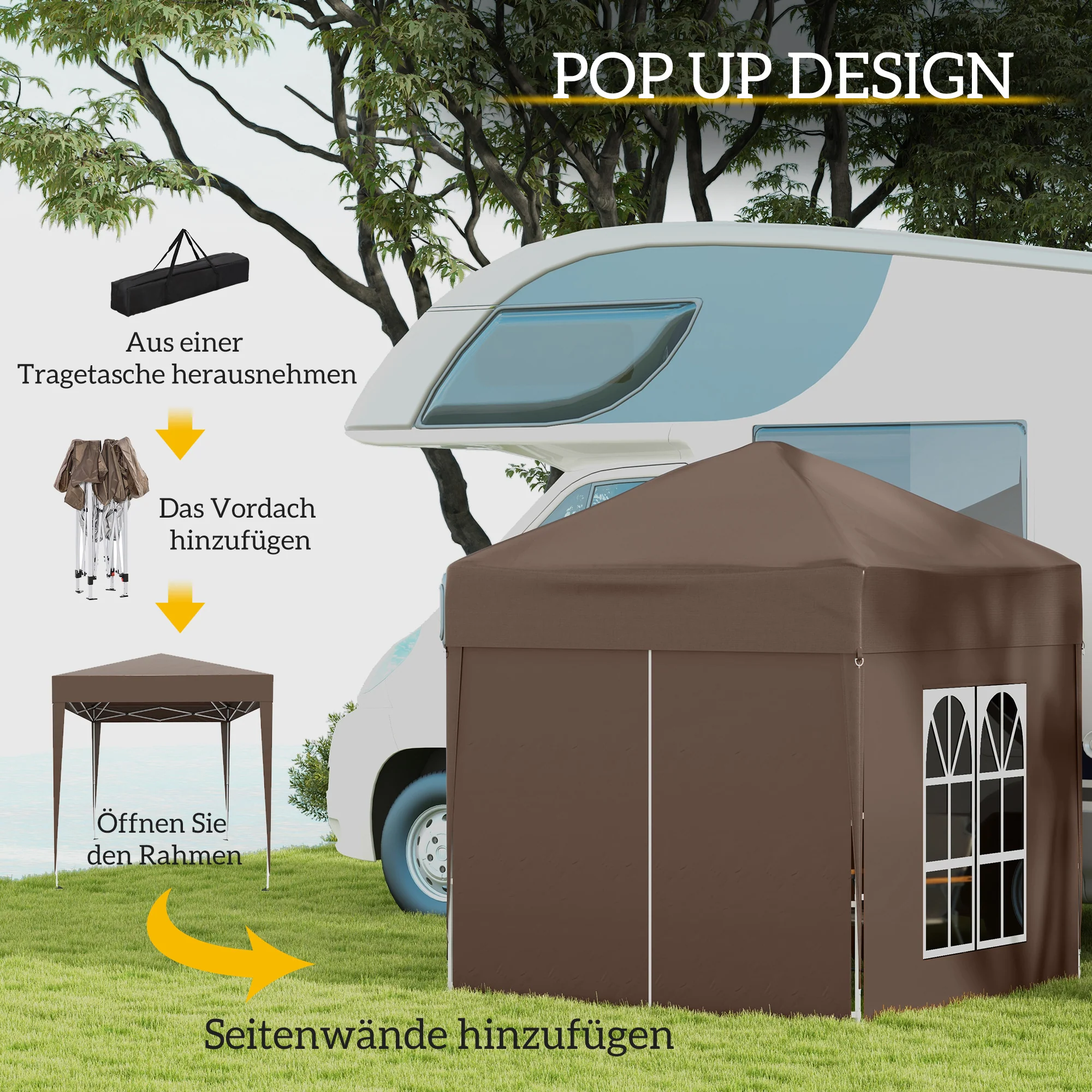 Folding Pavilion 2x2m UV Protection Side Panels Windows Oxford Fabric Brown - Image 4