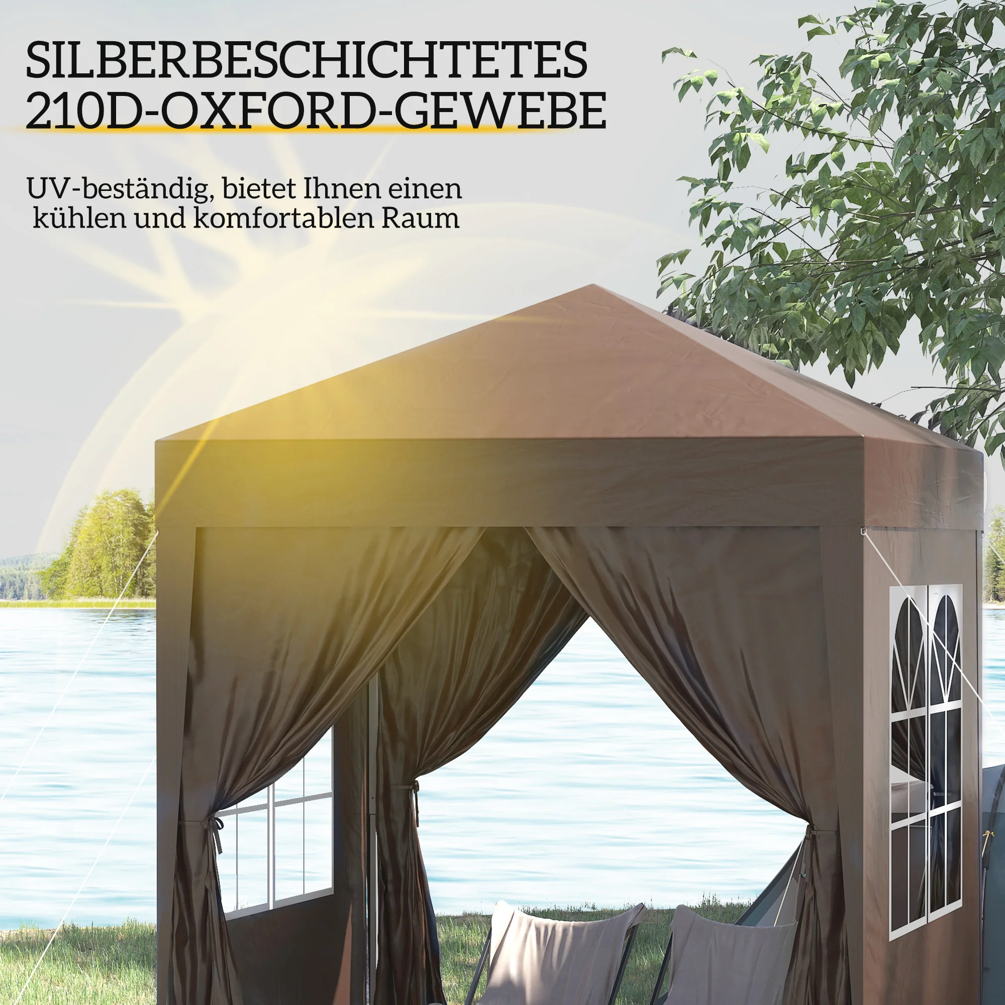 Folding Pavilion 2x2m UV Protection Side Panels Windows Oxford Fabric Brown - Image 5