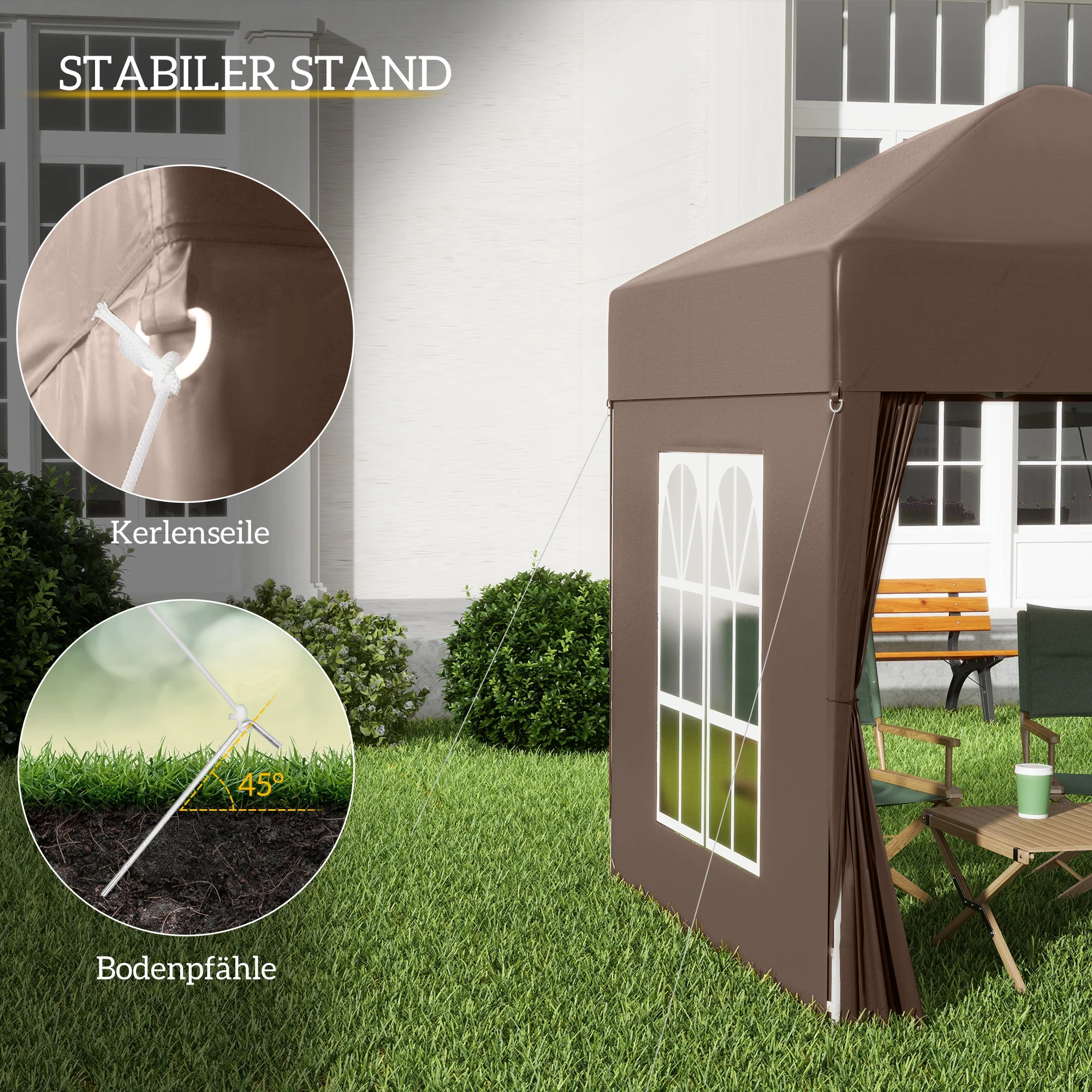 Folding Pavilion 2x2m UV Protection Side Panels Windows Oxford Fabric Brown - Image 6