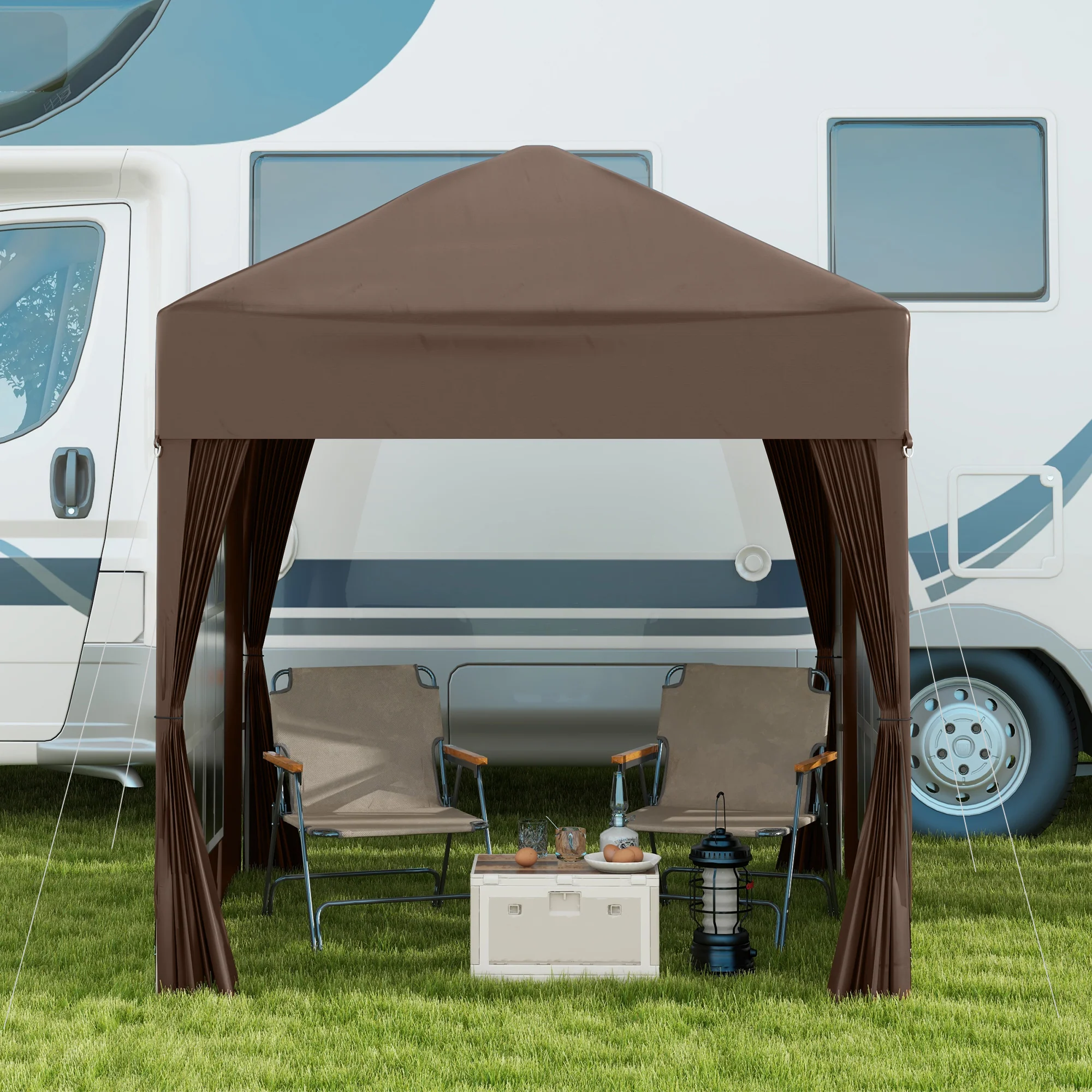 Folding Pavilion 2x2m UV Protection Side Panels Windows Oxford Fabric Brown - Image 7