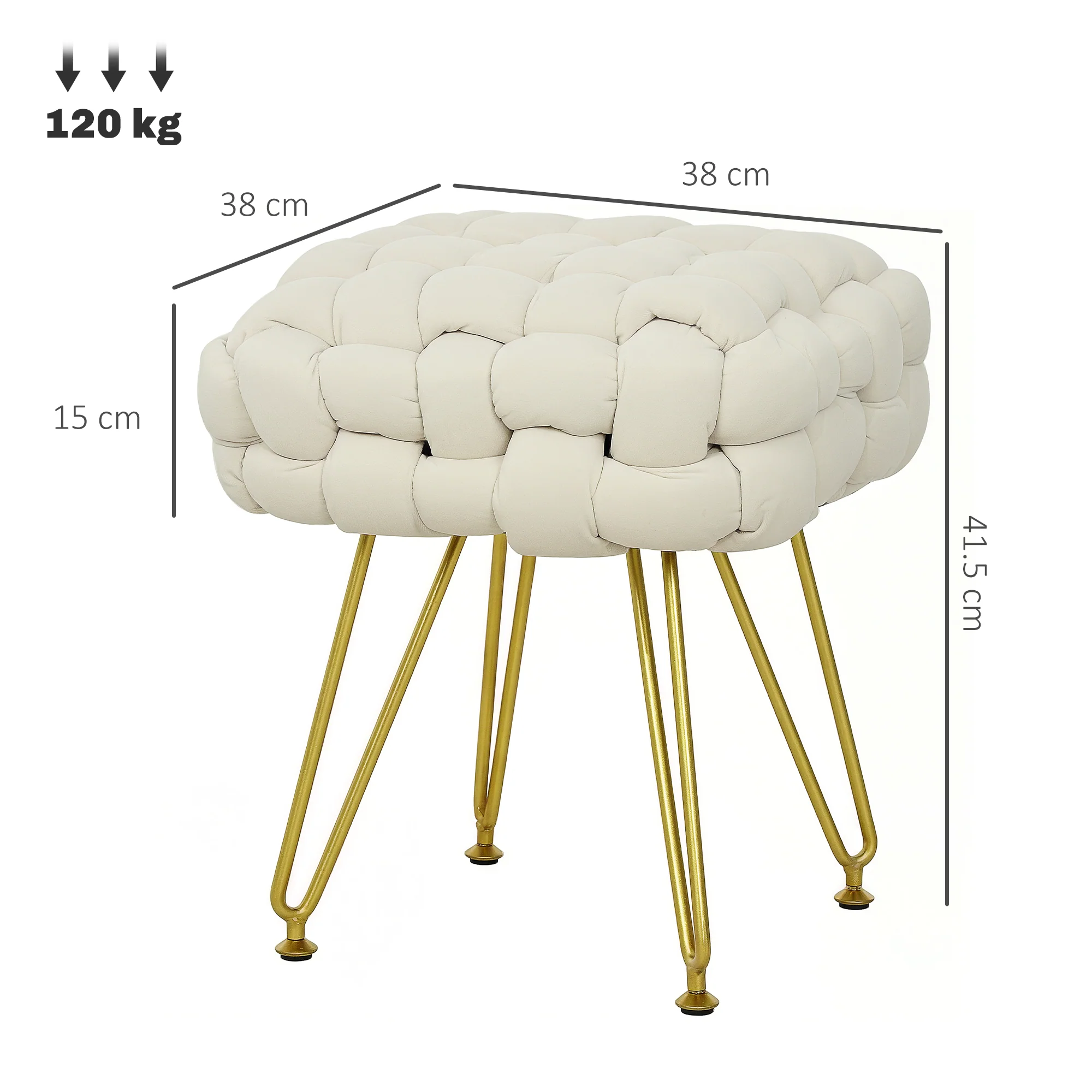 Footstool Bold Woven Square Seat Velvet-Feel, Cream White - Image 3