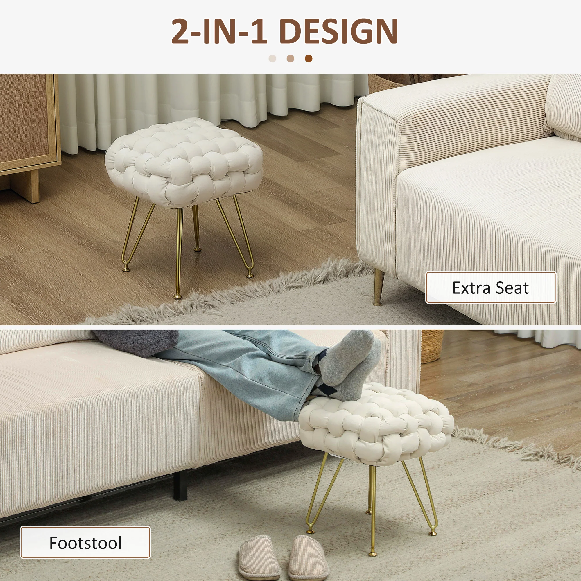 Footstool Bold Woven Square Seat Velvet-Feel, Cream White - Image 5