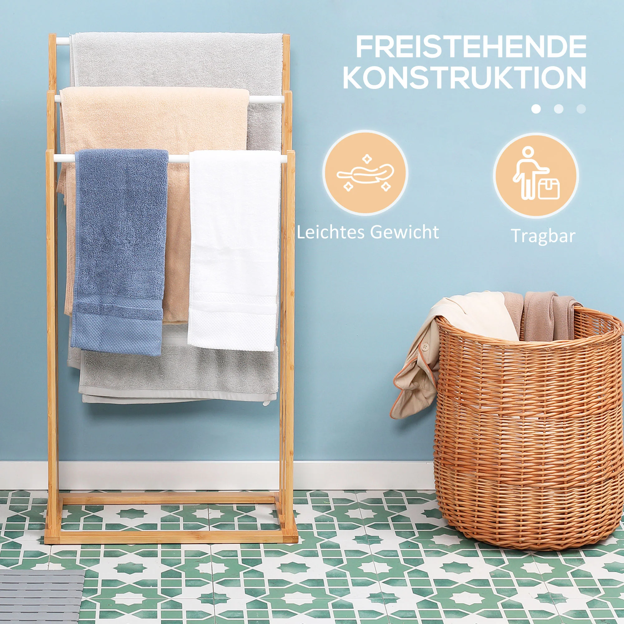 Freestanding Towel Rack 3 Bars 48x25.8x94cm Bamboo Natural - Image 6
