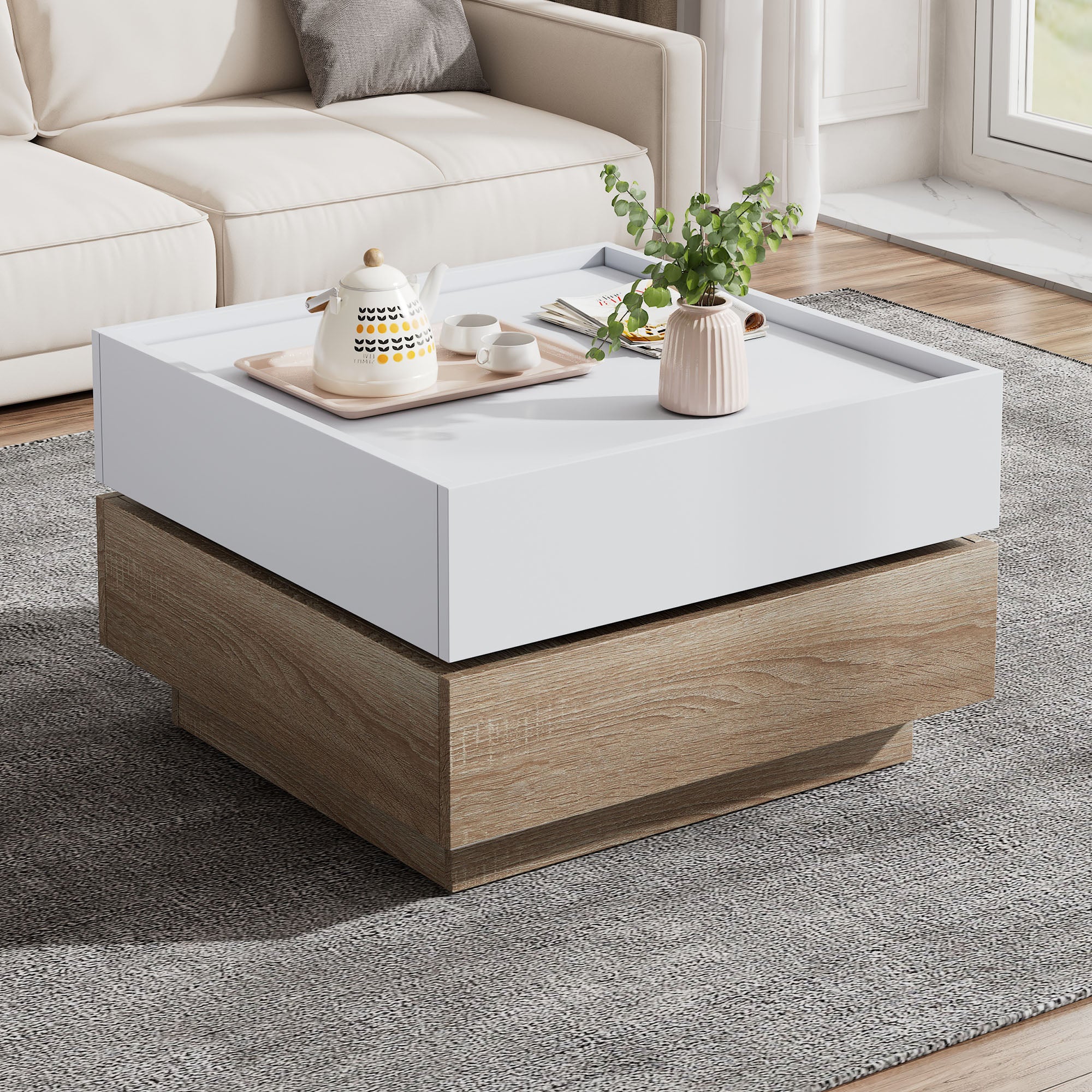 Functional coffee table, 360° rotatable with 2 levels storage, walnut frame white - Image 4