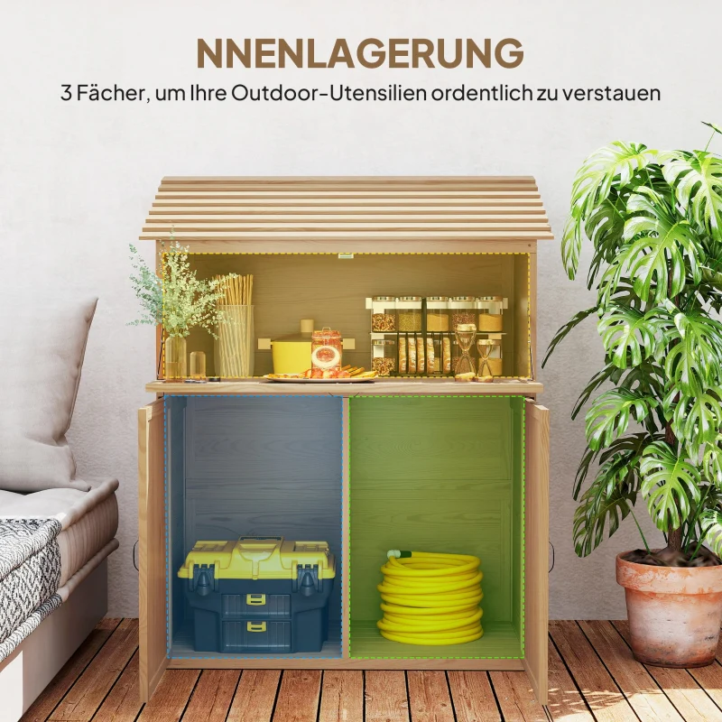 Garden Cabinet, Tool Shed with Folding Shelf & Double Doors, Natural Wood - Image 4