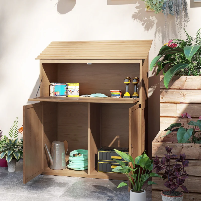 Garden Cabinet, Tool Shed with Folding Shelf & Double Doors, Natural Wood - Image 7