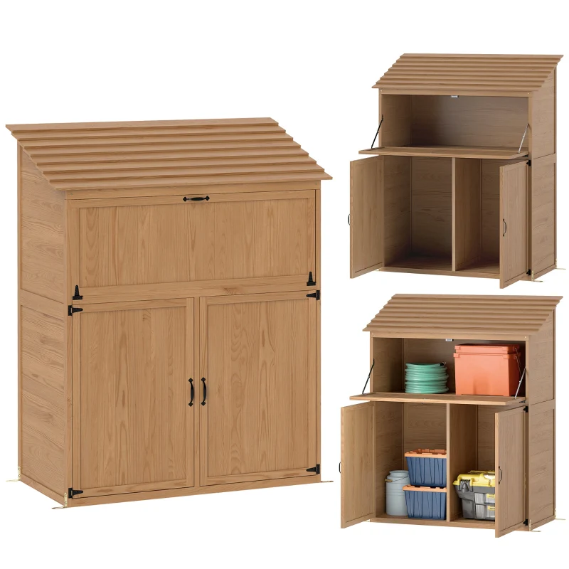 Garden Cabinet, Tool Shed with Folding Shelf & Double Doors, Natural Wood - Image 8