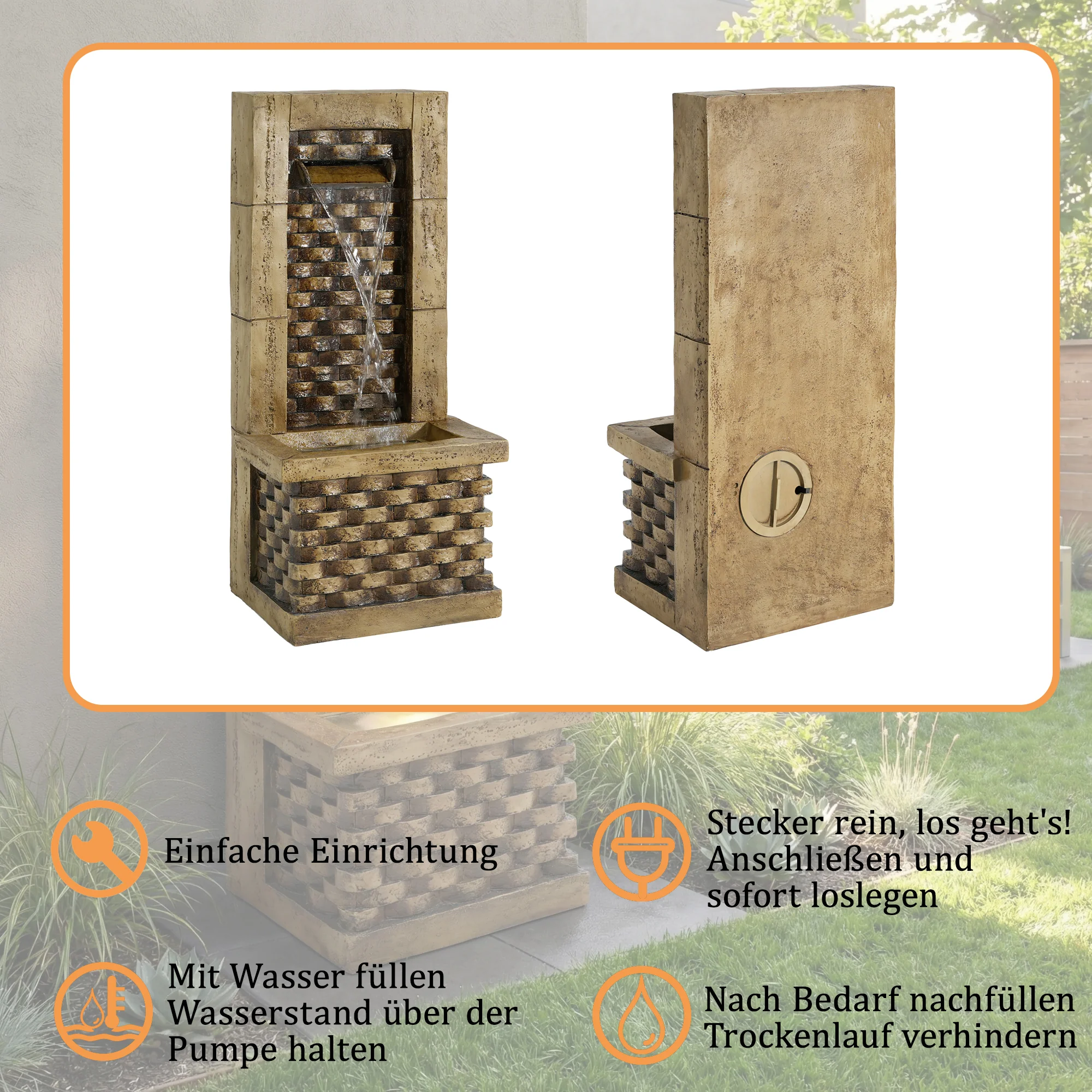 Garden Fountain with 230V Waterfall and Square Door Design, Antique Style - Image 6