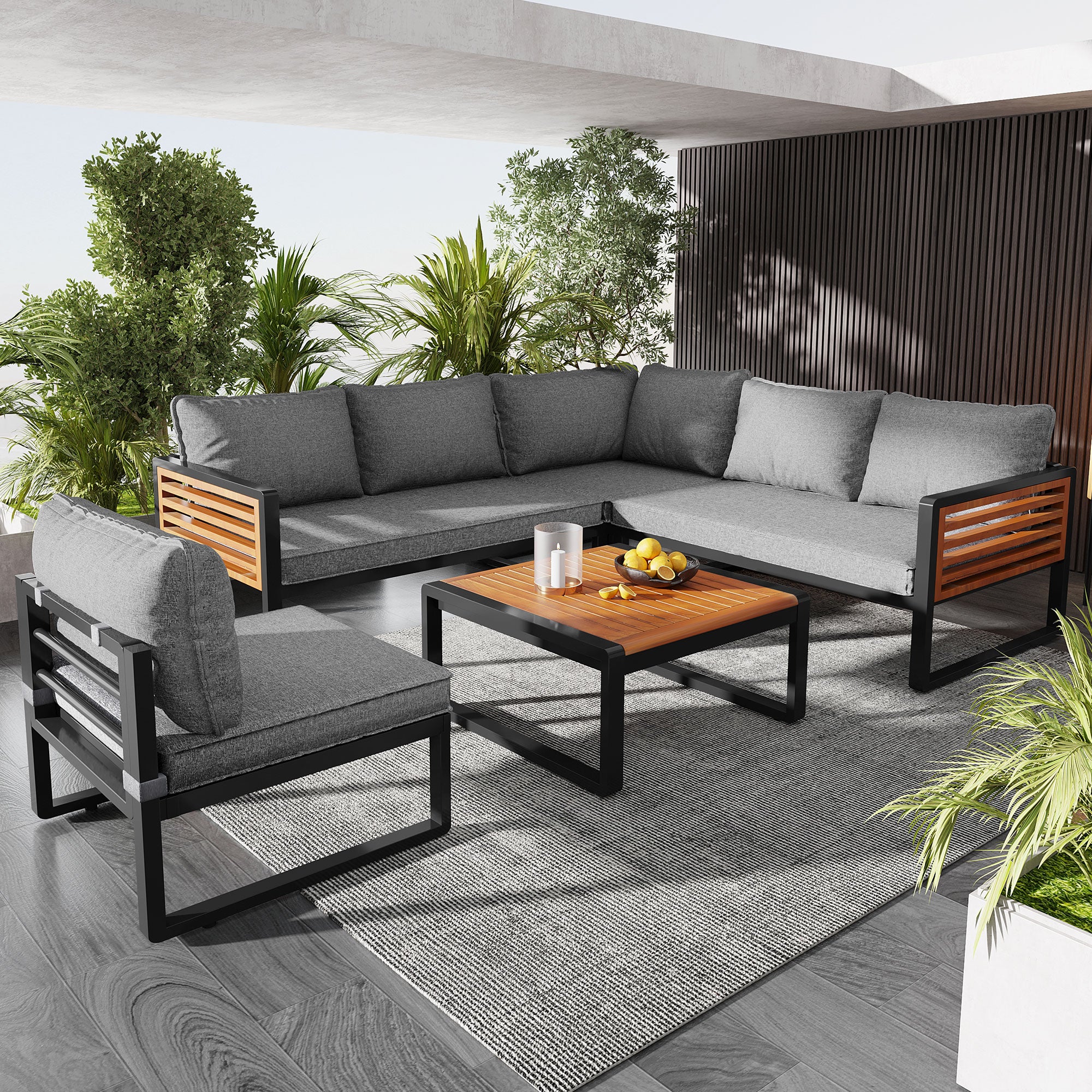 Garden Lounge Set 5-6 Seater Galvanized Iron Frame Wood Armrests