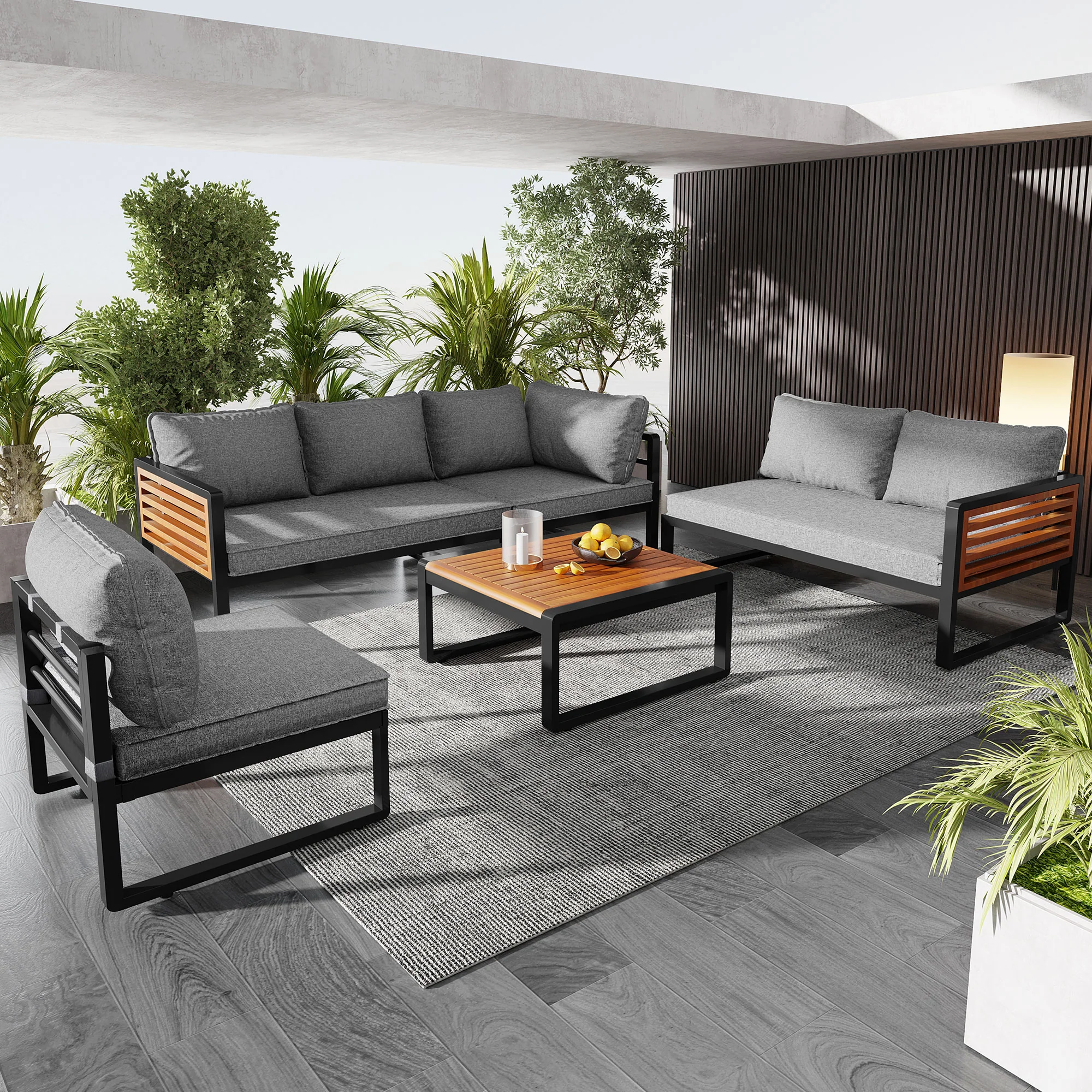 Garden Lounge Set 5-6 Seater Galvanized Iron Frame Wood Armrests - Image 2