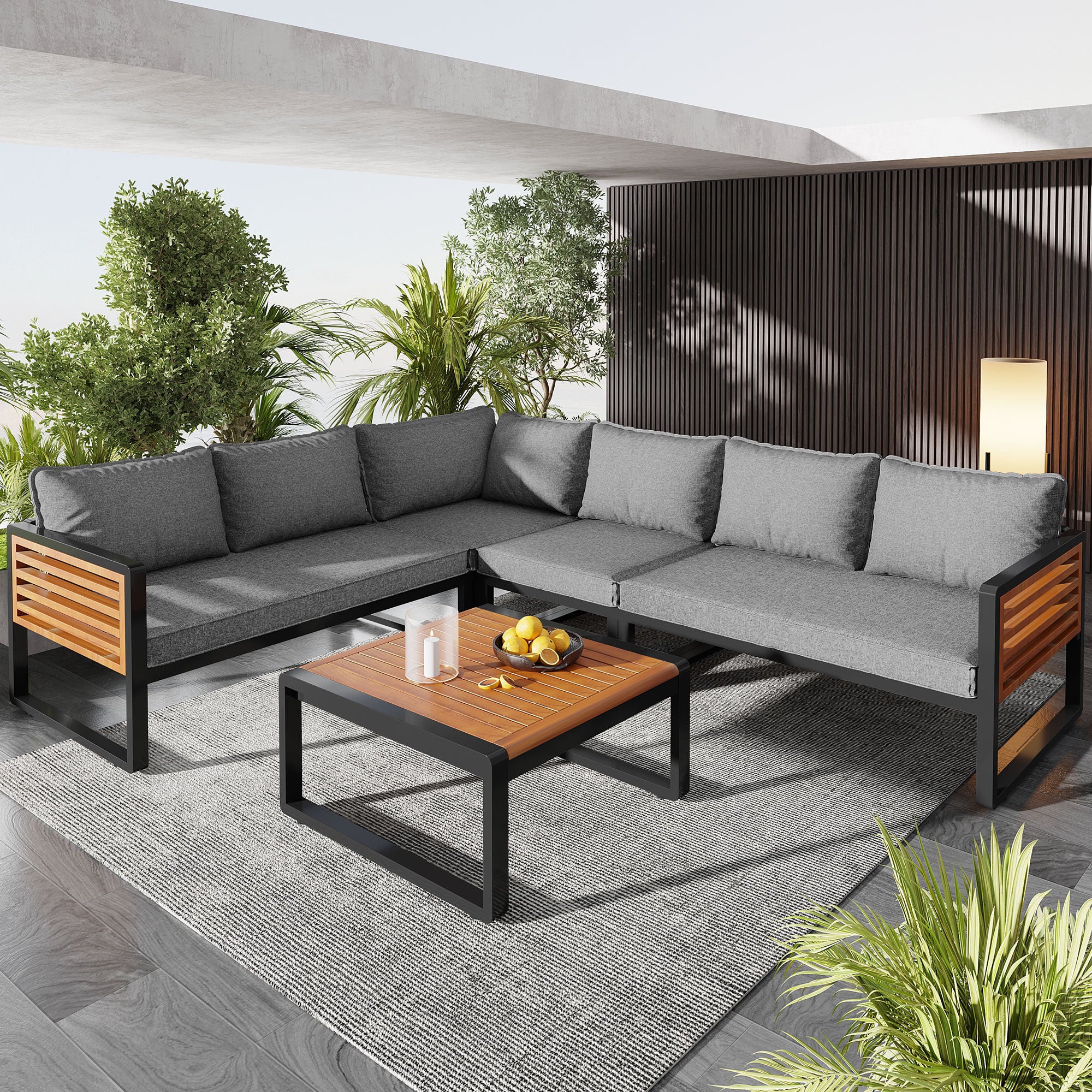 Garden Lounge Set 5-6 Seater Galvanized Iron Frame Wood Armrests - Image 3