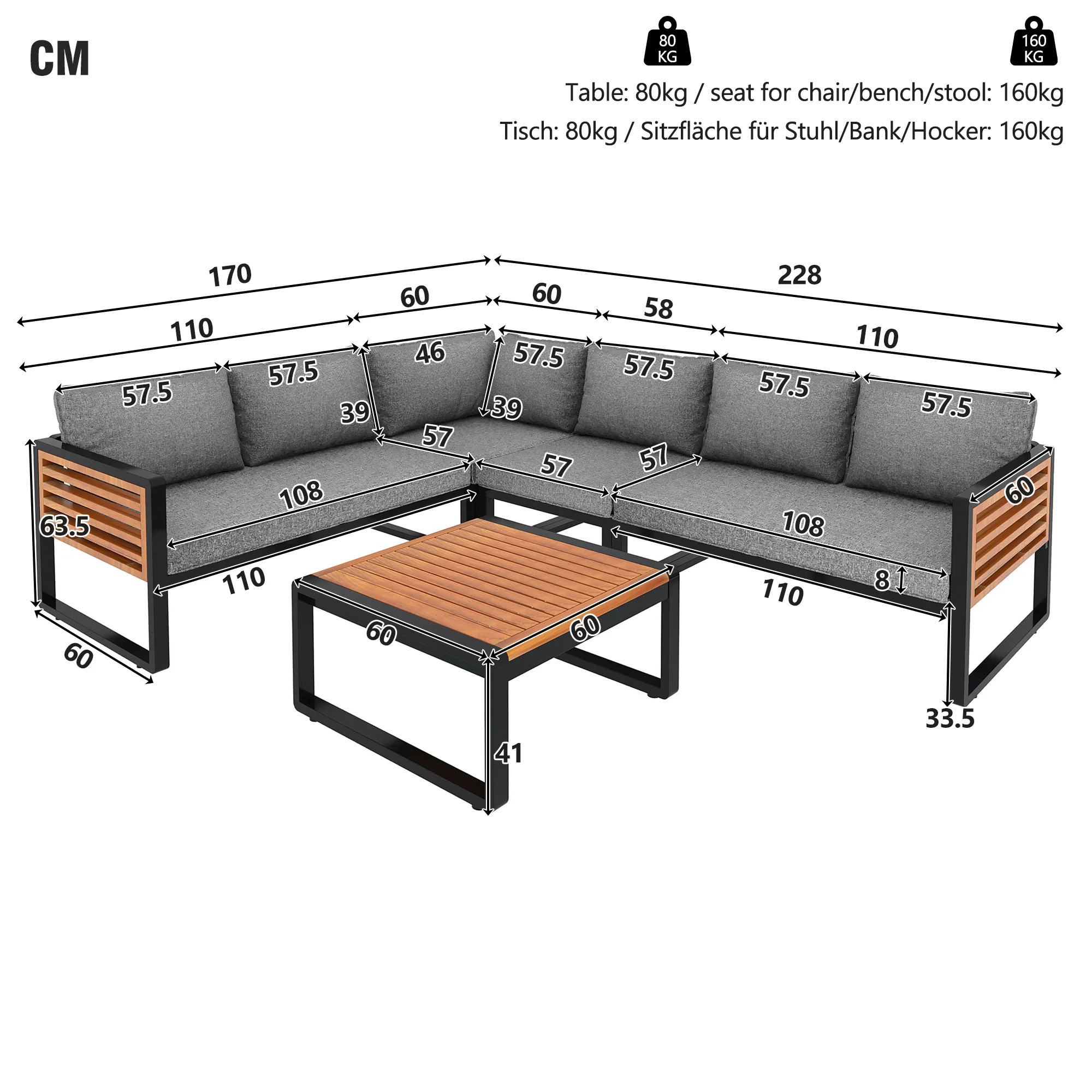 Garden Lounge Set 5-6 Seater Galvanized Iron Frame Wood Armrests - Image 4