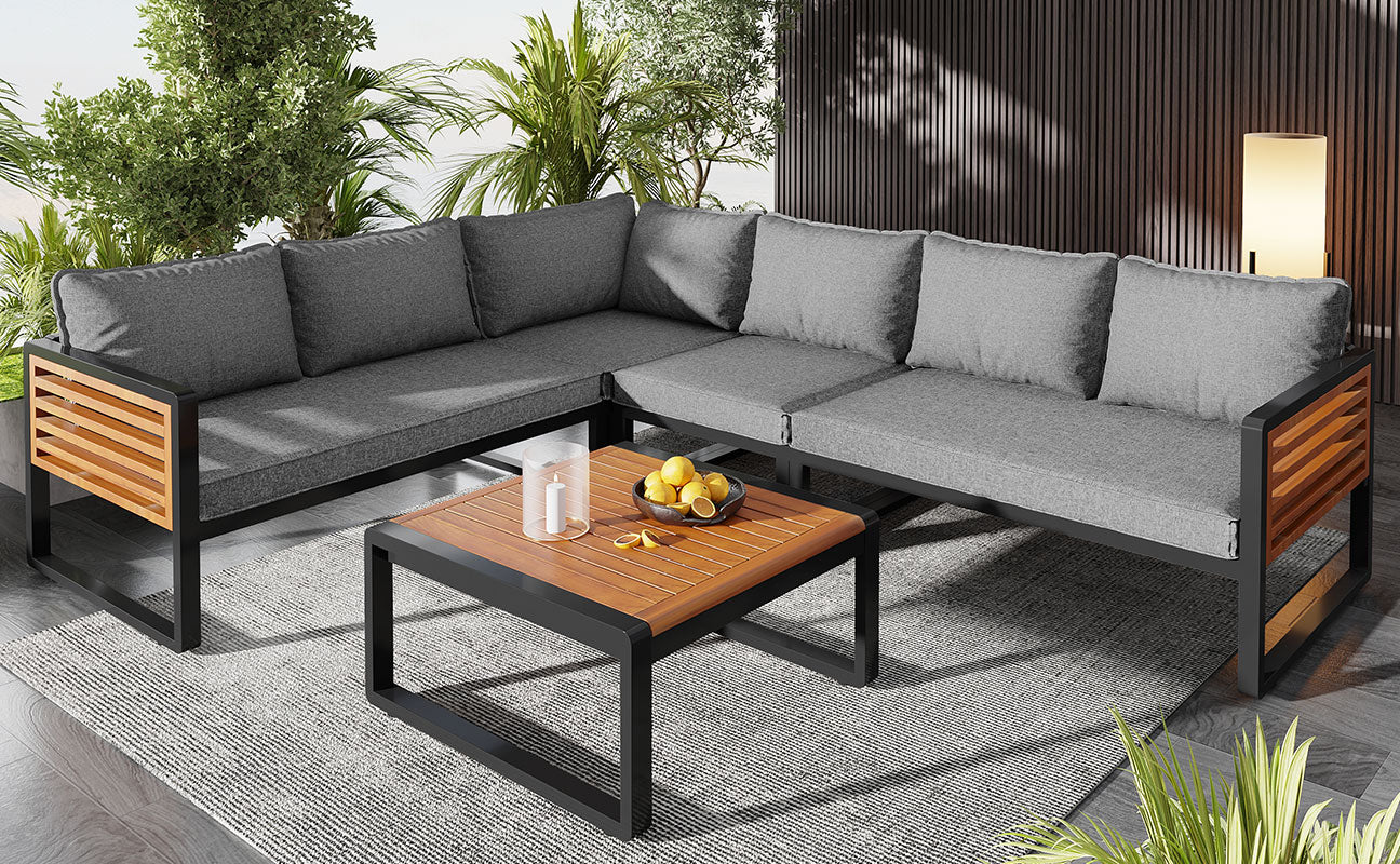 Garden Lounge Set 5-6 Seater Galvanized Iron Frame Wood Armrests - Image 5