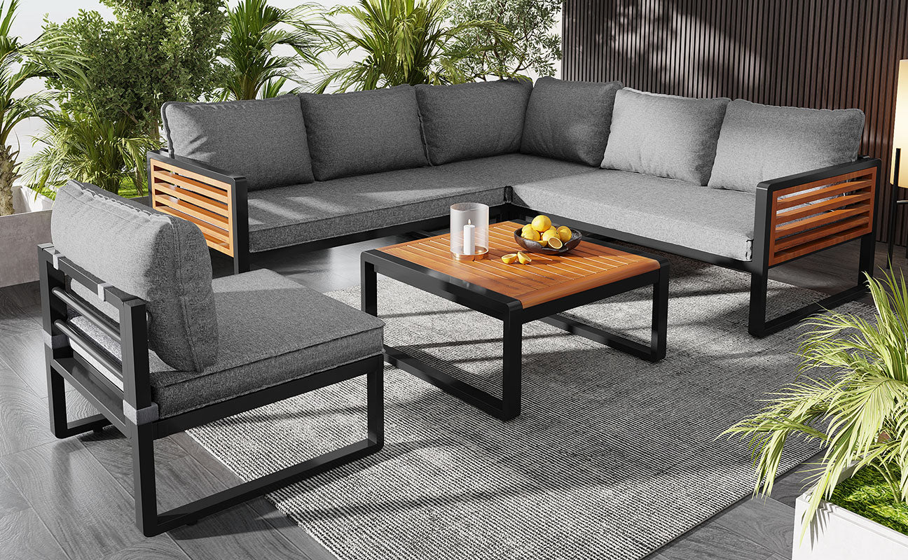 Garden Lounge Set 5-6 Seater Galvanized Iron Frame Wood Armrests - Image 6
