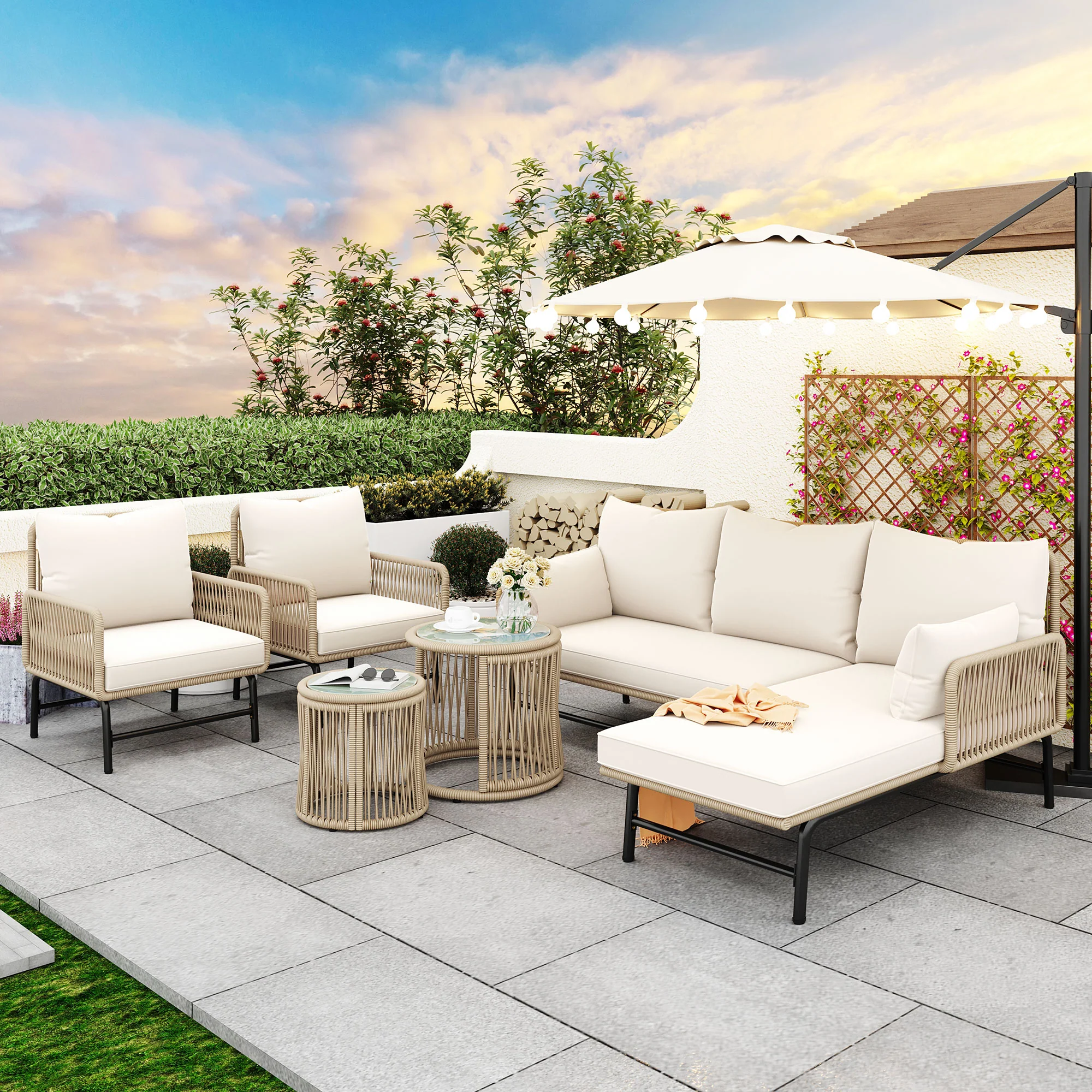 Garden Lounge Set, 6-Piece Woven Rope Furniture with Iron Frame, Beige