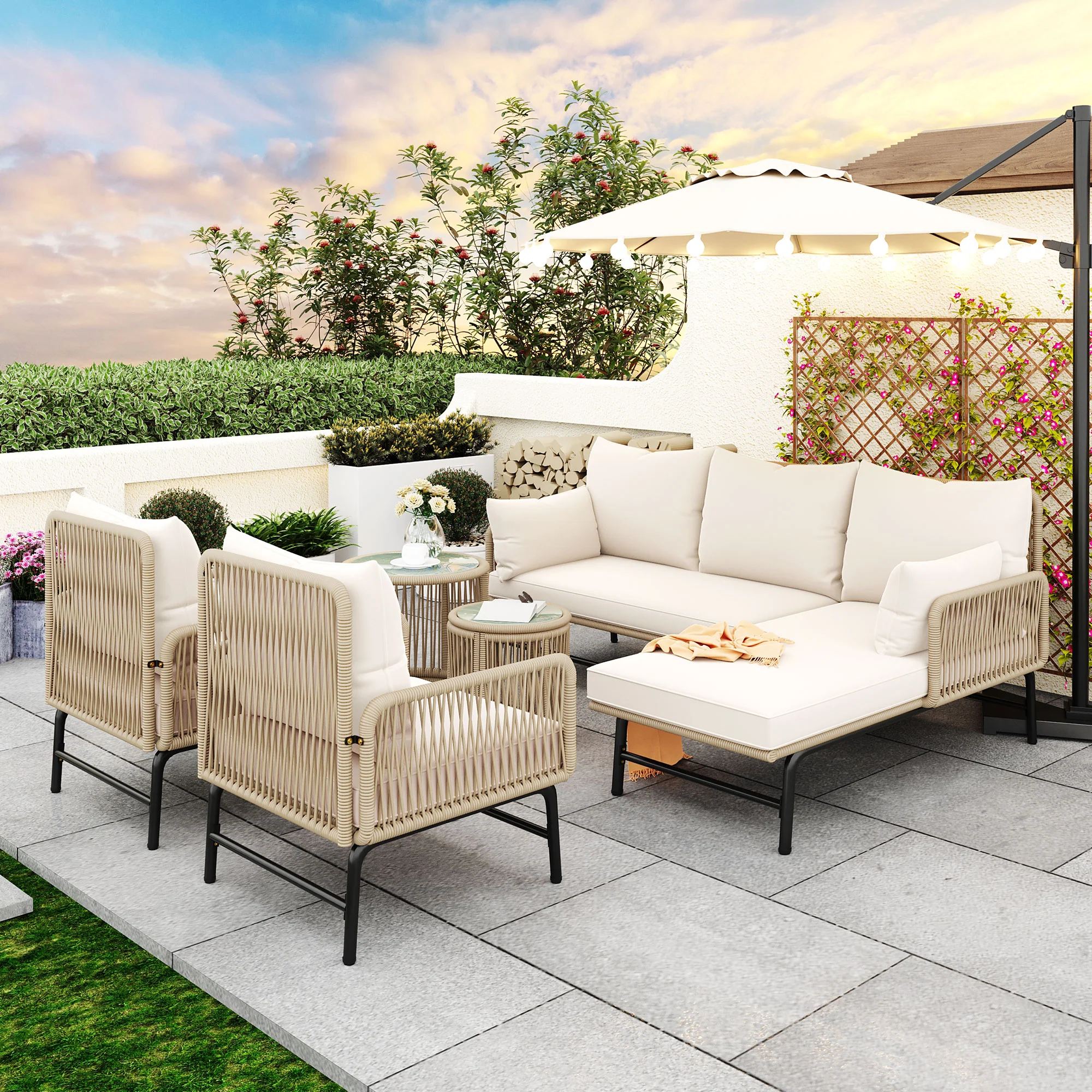 Garden Lounge Set, 6-Piece Woven Rope Furniture with Iron Frame, Beige - Image 2