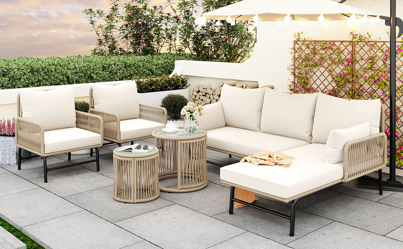 Garden Lounge Set, 6-Piece Woven Rope Furniture with Iron Frame, Beige - Image 3