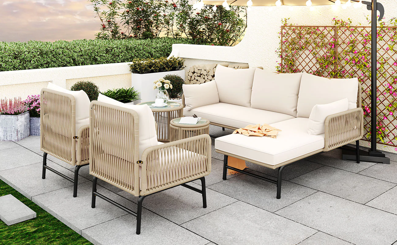 Garden Lounge Set, 6-Piece Woven Rope Furniture with Iron Frame, Beige - Image 4