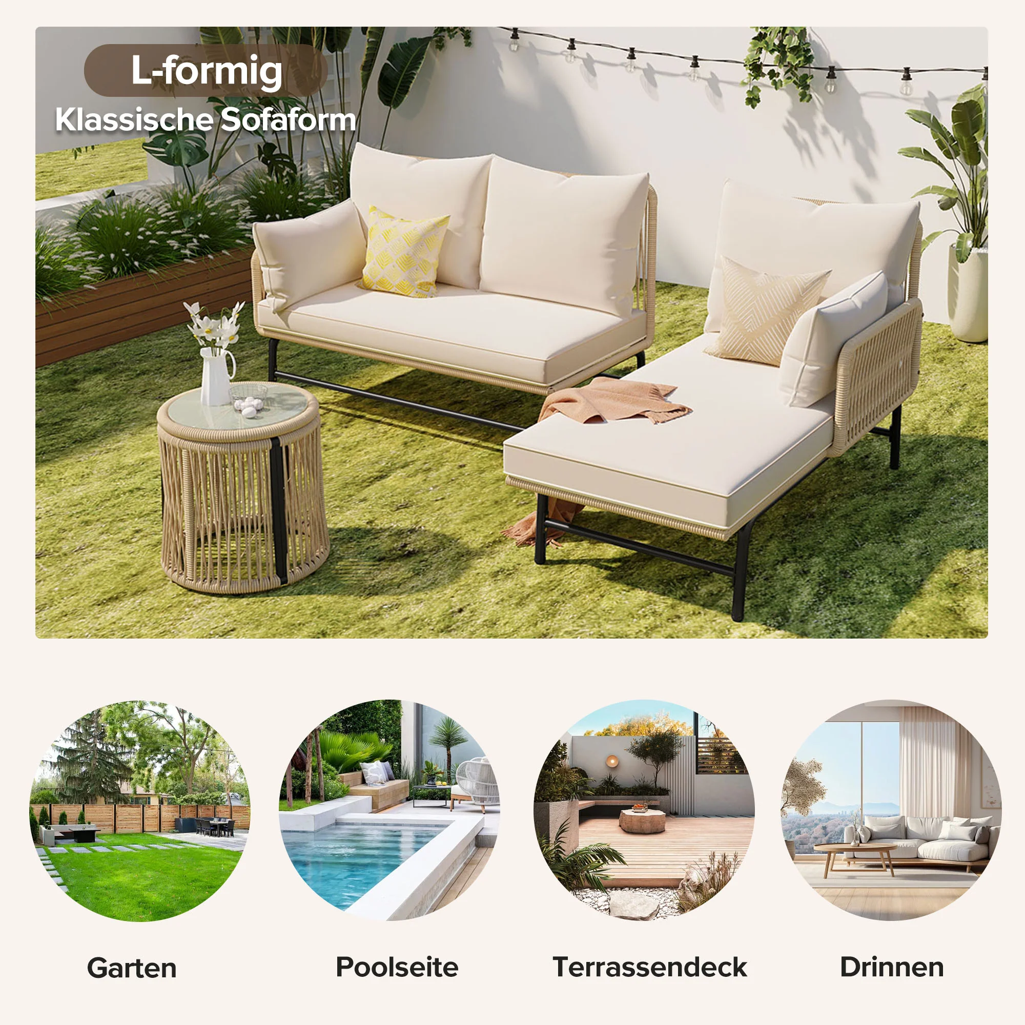 Garden Lounge Set, 6-Piece Woven Rope Furniture with Iron Frame, Beige - Image 7